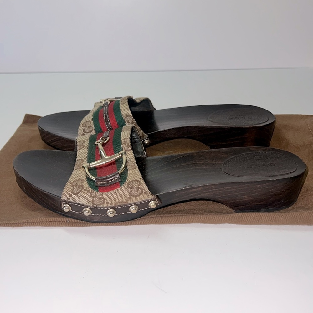 GUCCI Beige/Ebony GG Canvas Signature Web Icon Bit Wood Slide Clog Sandals - Picture 4 of 10